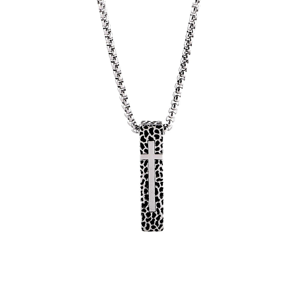 Crucifix pendant necklace with textured rectangular cross, silver tone box chain