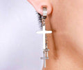 Silver cross dangle hoop earrings with chain and three cross charms
