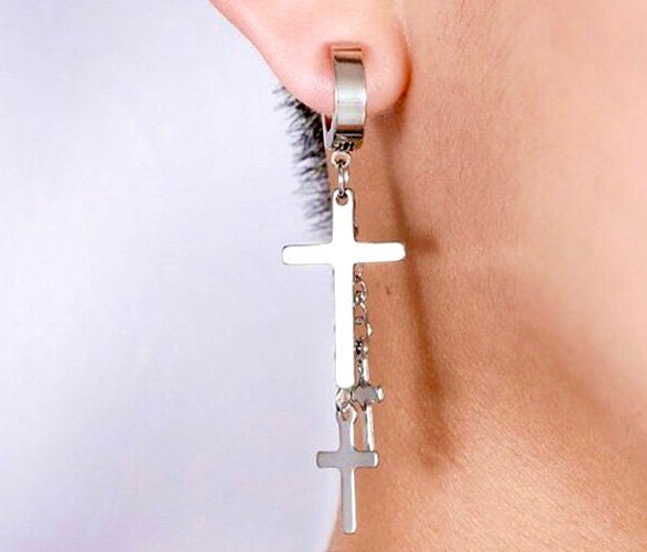 Silver cross dangle hoop earrings with chain and three cross charms