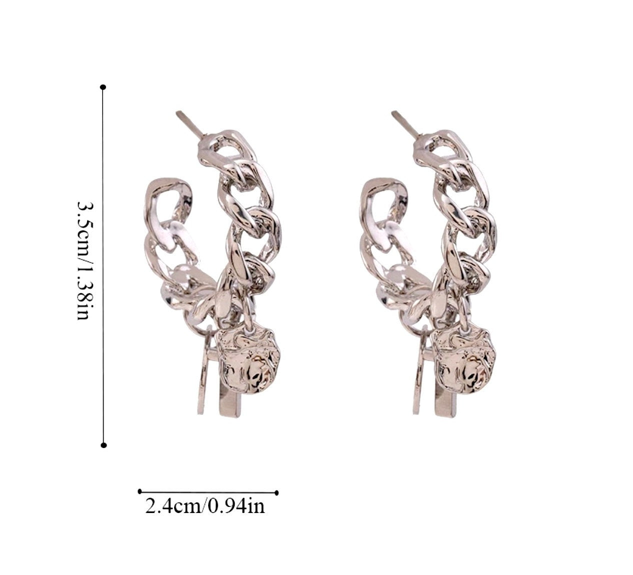 Silver curb chain hoop earrings with cross and round disc charms on hook backs