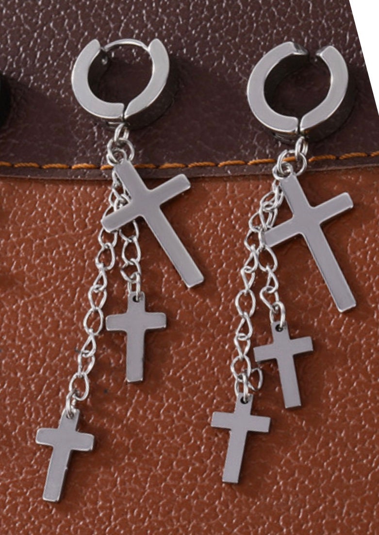 Silver cross dangle hoop earrings with chain links and three cross charms
