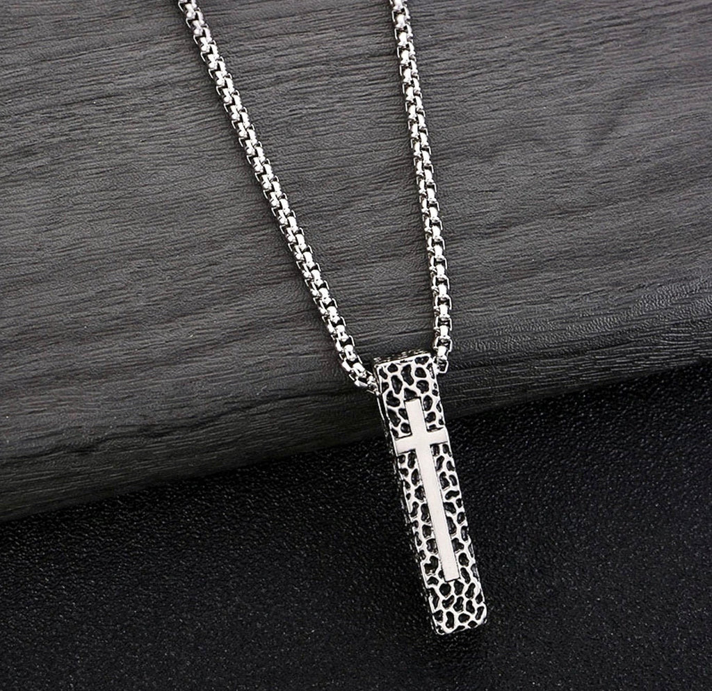 Rectangular crucifix pendant necklace with box chain, textured dark finish, silver tone