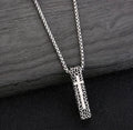 Rectangular crucifix pendant necklace with box chain, textured dark finish, silver tone
