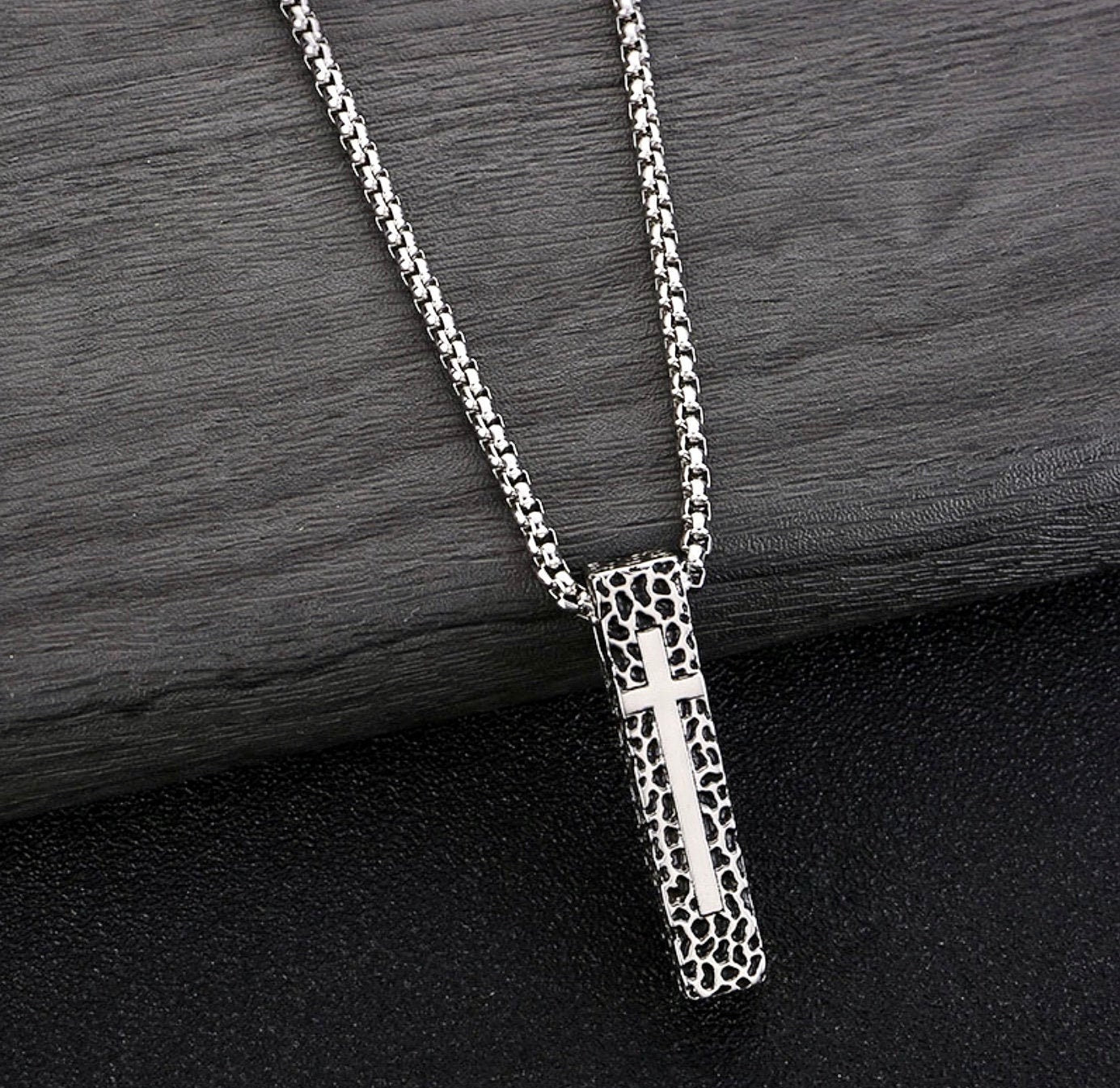Rectangular crucifix pendant necklace with box chain, textured dark finish, silver tone