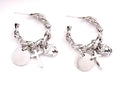 Silver curb chain hoop earrings with cross and round disc charms