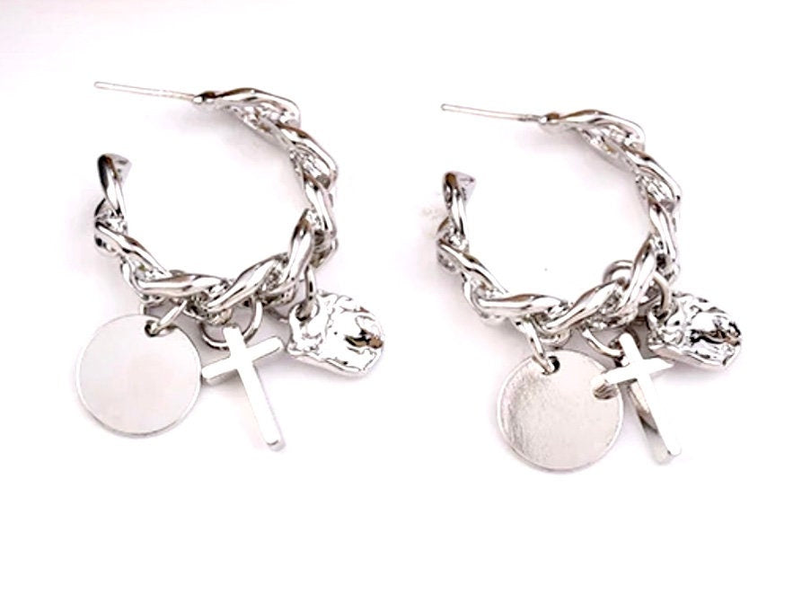 Silver curb chain hoop earrings with cross and round disc charms