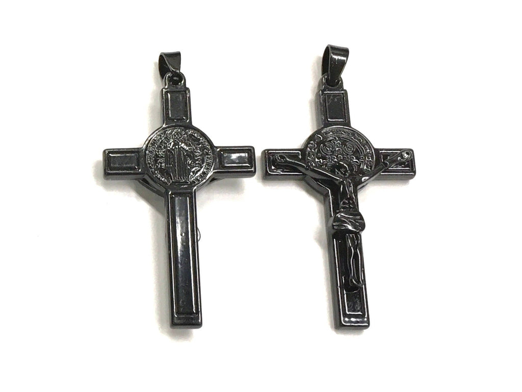 Pair of black crucifix cross pendants with matching hanging loops
