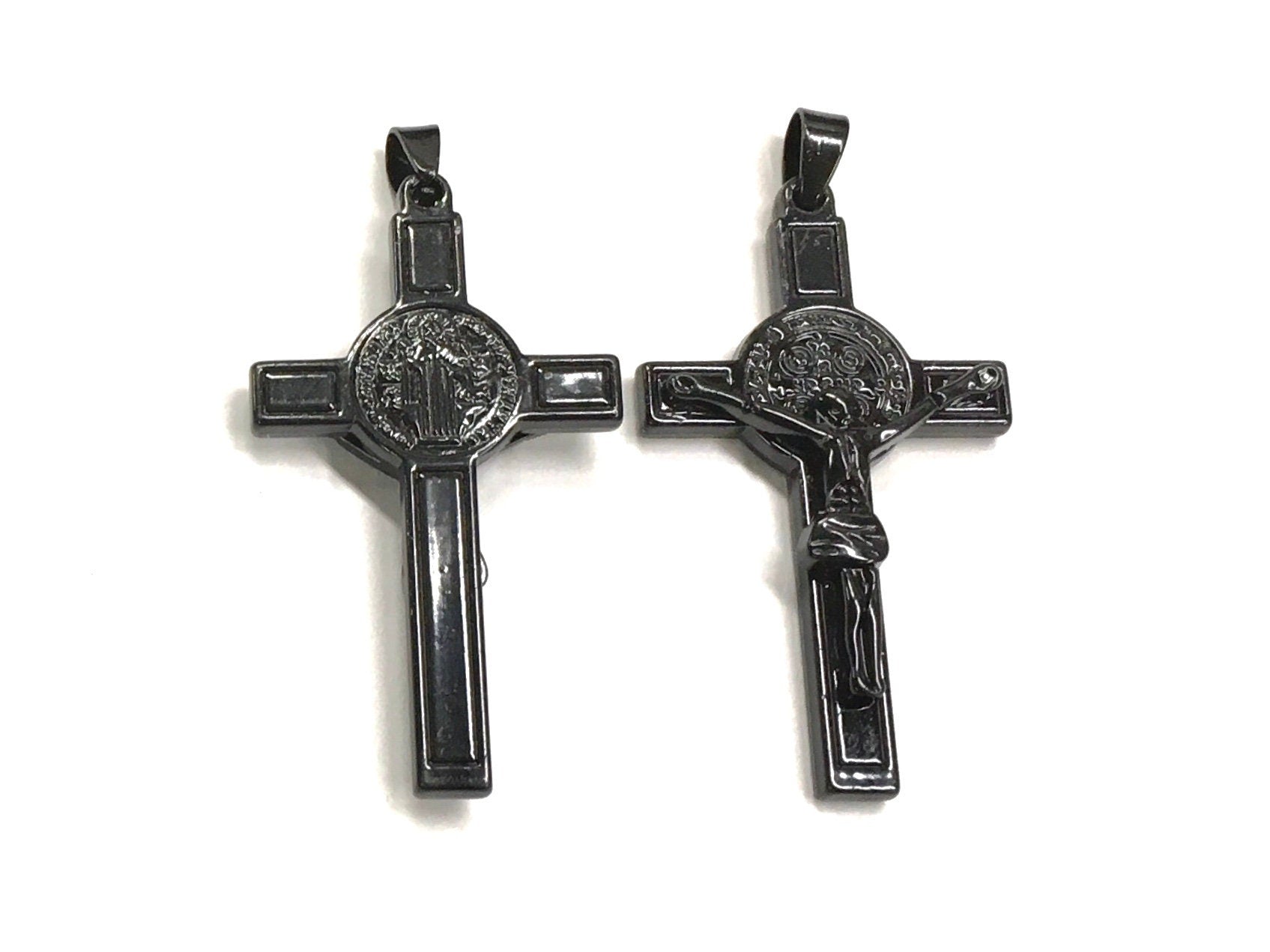 Pair of black crucifix cross pendants with matching hanging loops
