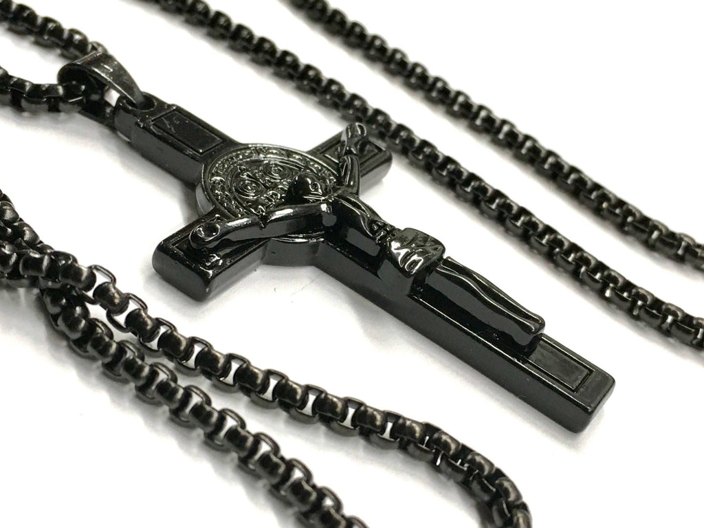 Black crucifix cross pendant with bead chain, side view necklace