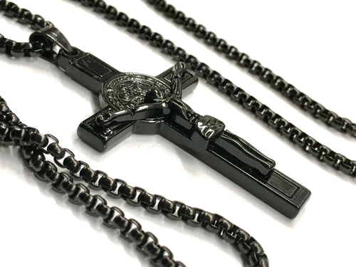 Black crucifix cross pendant with bead chain, side view necklace