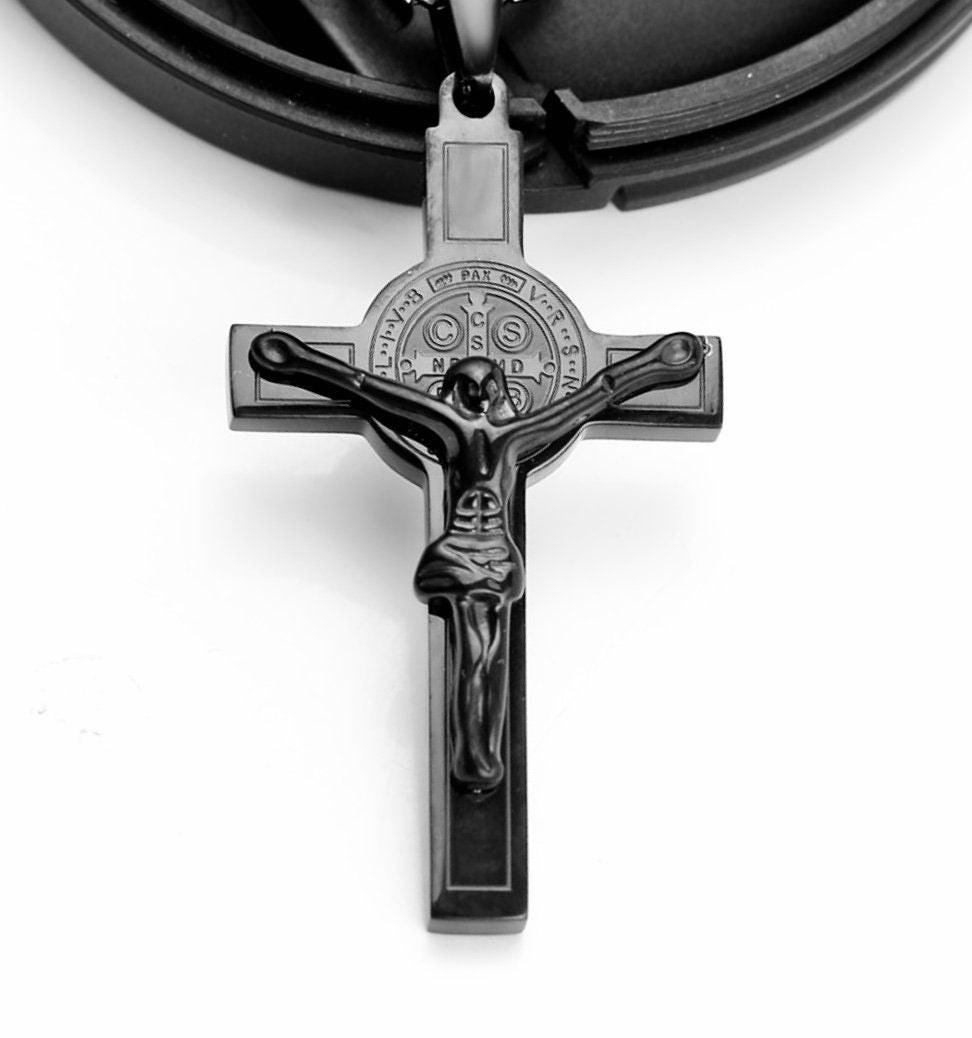 Black crucifix cross pendant on black cord