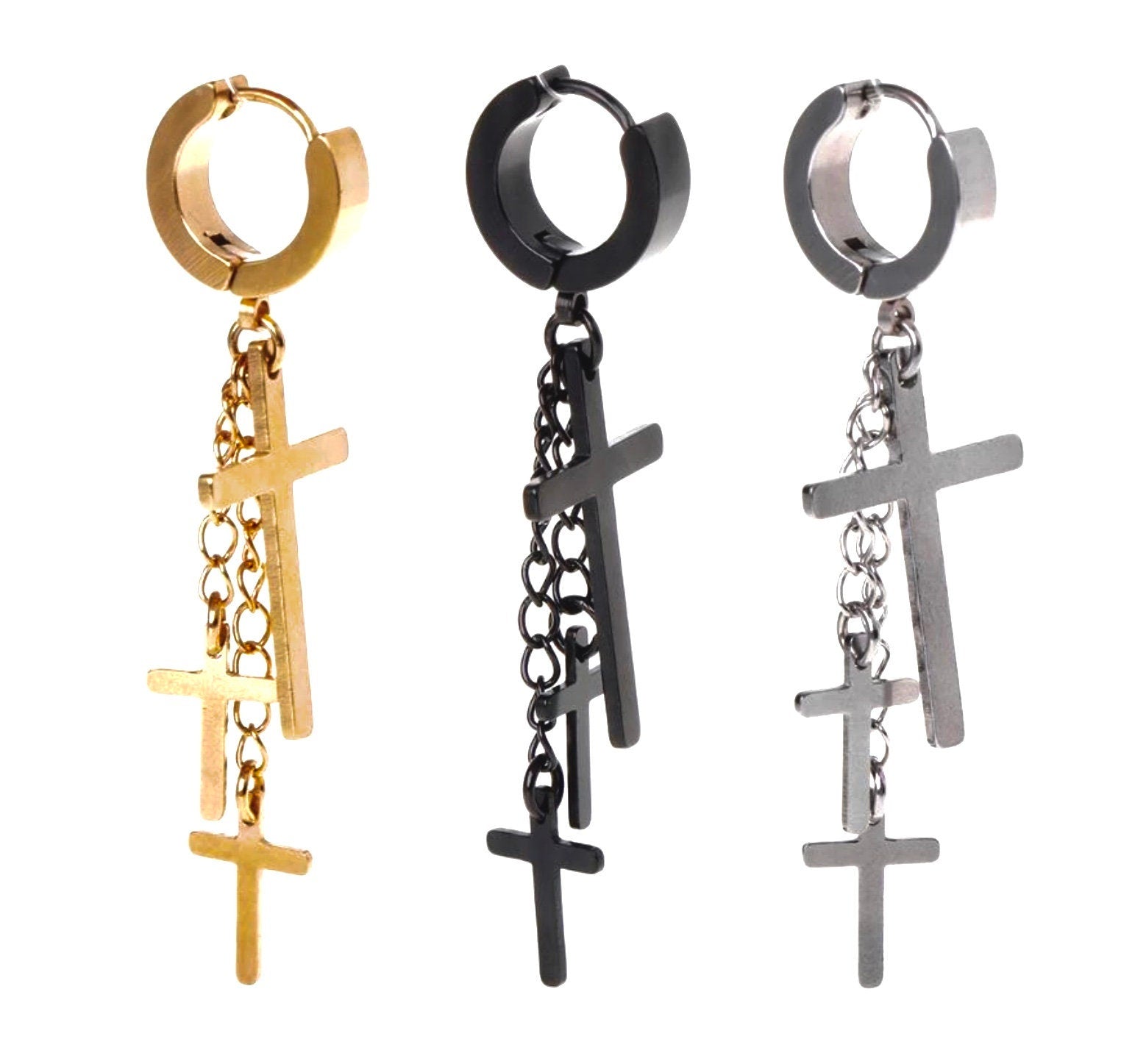 Cross drop hoop earrings set with gold, black, and silver chain and cross charms