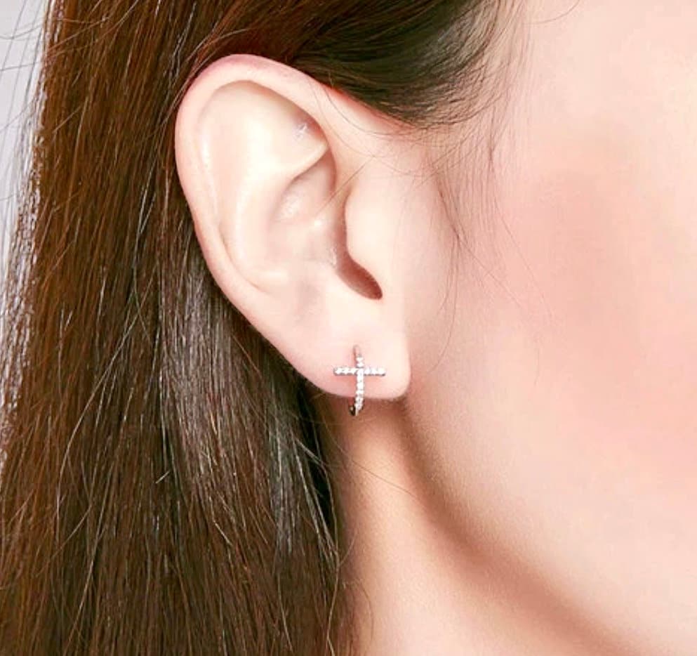 Silver cross stud earrings with clear CZ stones, small hinged cuff style