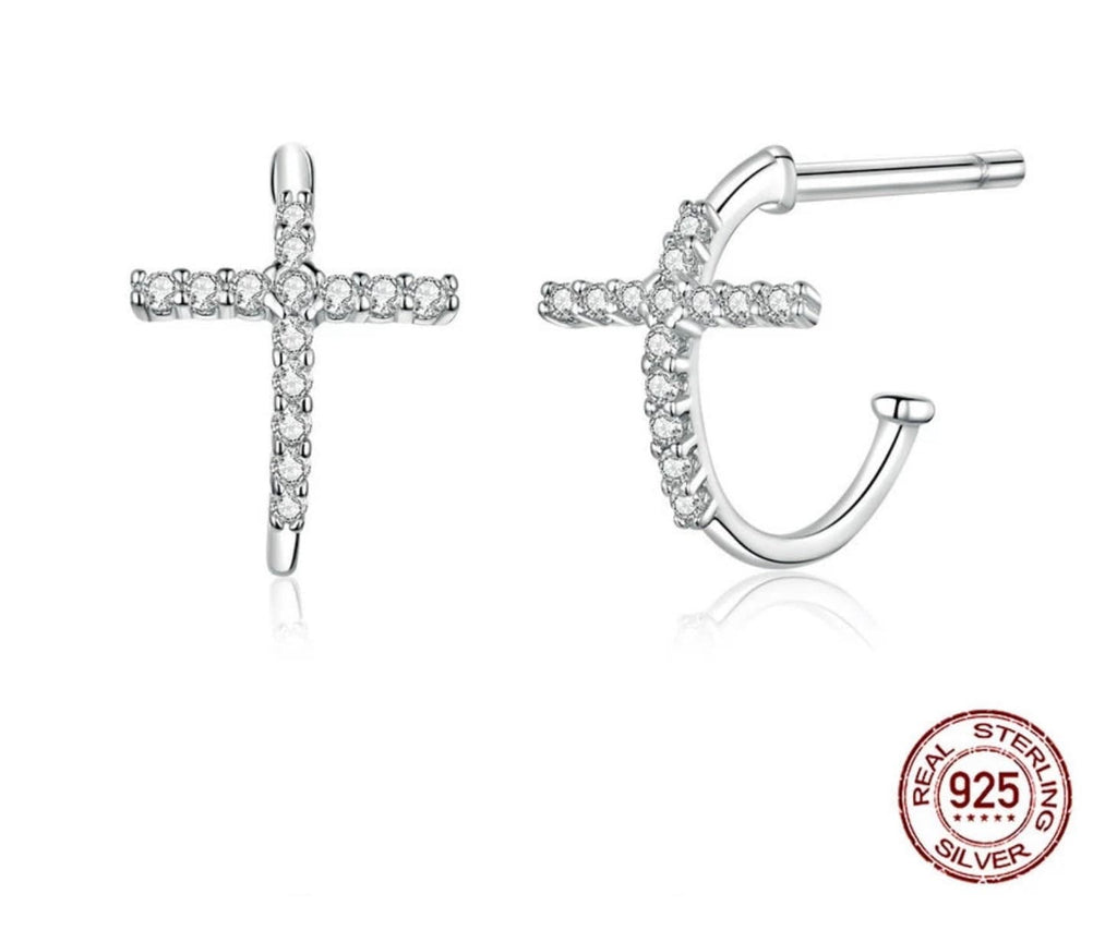 Cross cuff earrings in silver tone with clear CZ stones, hinged back, stud style