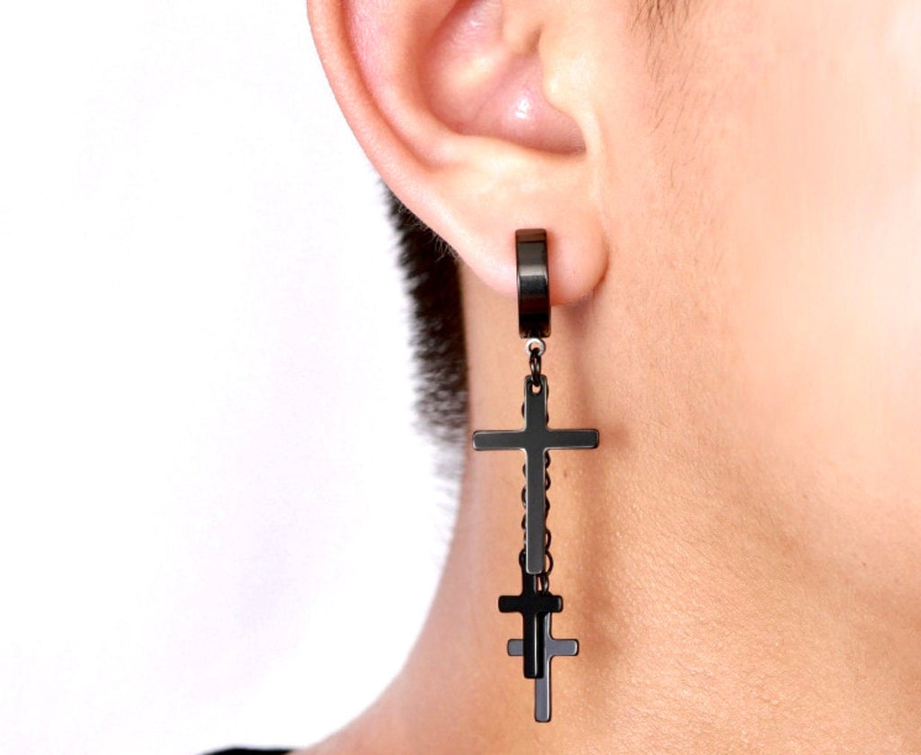 Black cross dangle hoop earrings with chain links and cross charms
