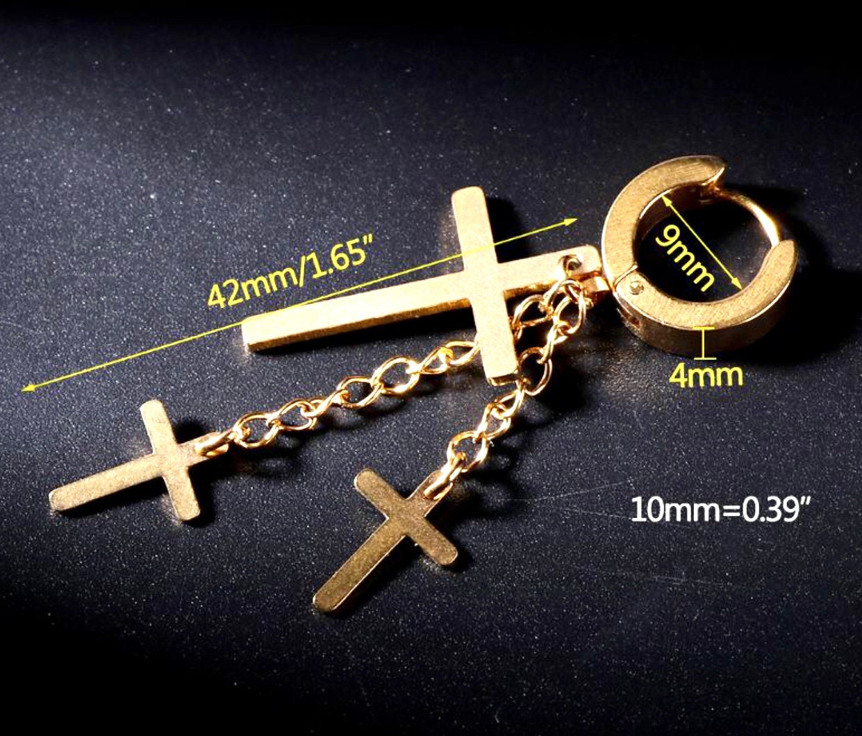 Gold cross dangle hoop earrings with linked chain and small cross charms