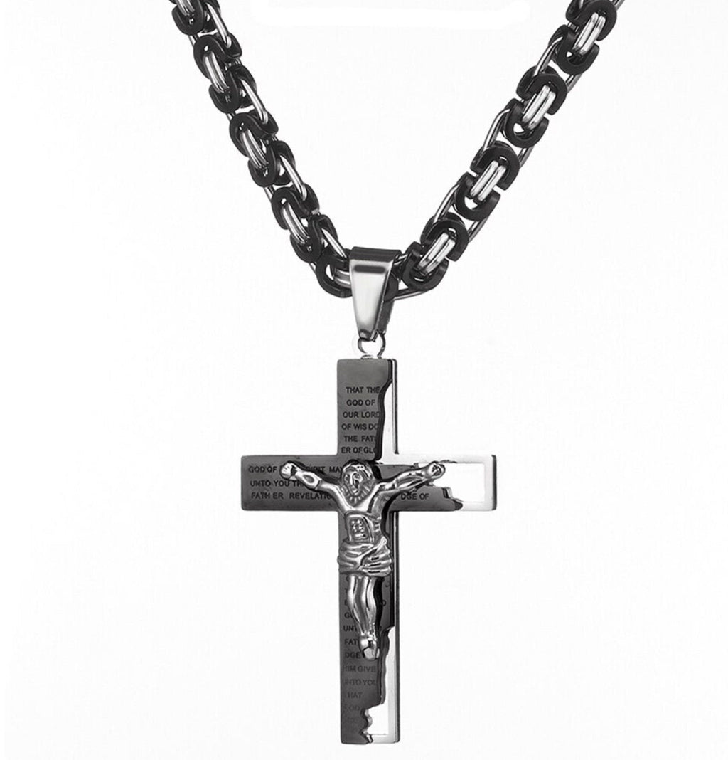 Silver-tone cross necklace with crucifix pendant and black chain