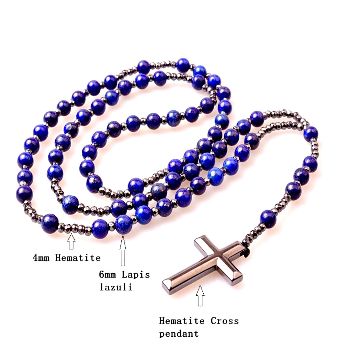 Lapis lazuli bead rosary necklace with metal cross pendant