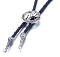 Western bolo tie with silver cross medallion and braided black cord tips