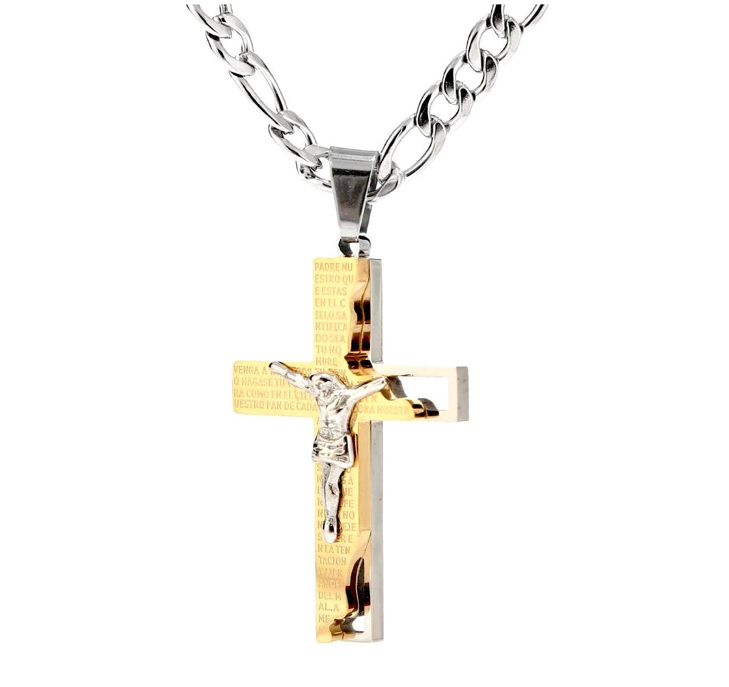 Silver-toned curb chain with gold crucifix pendant and engraved prayer text