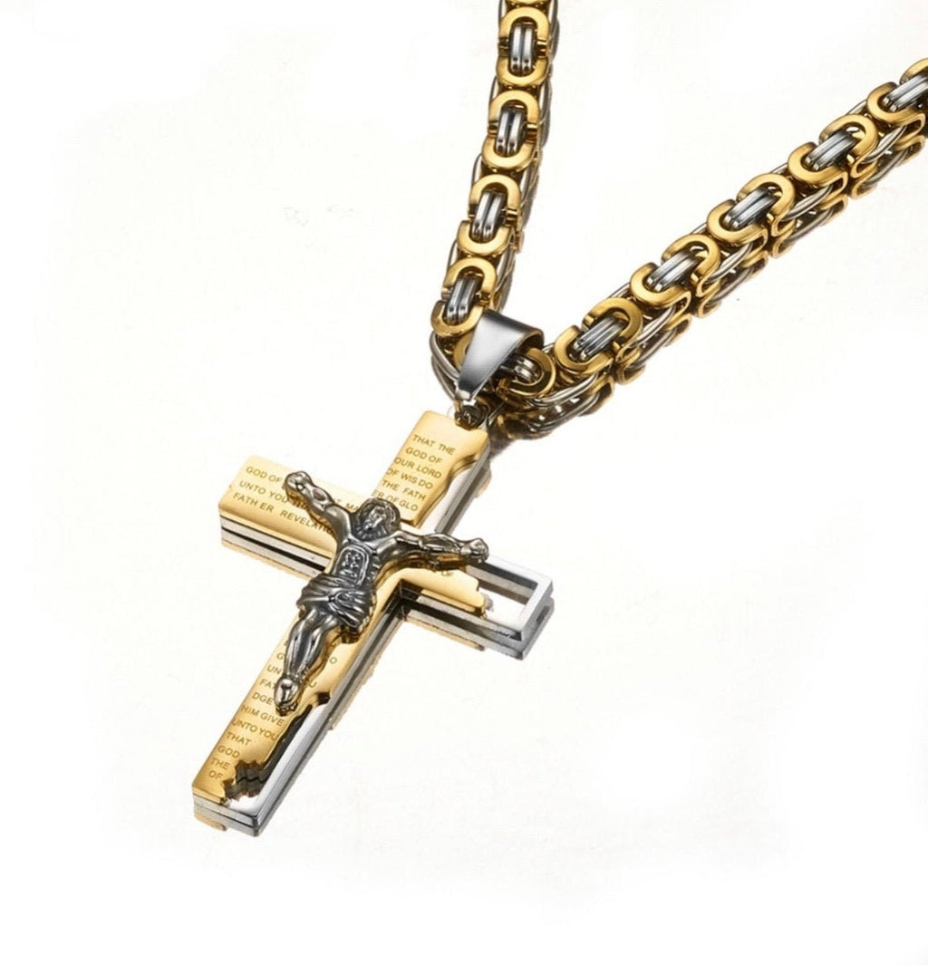 Gold-and-silver chain cross necklace with crucifix pendant, engraved prayer text