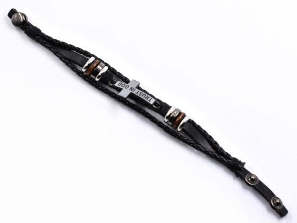 Black leather wrap bracelet with metal cross charm and “TRUST IN GOD” tag