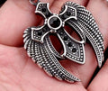 Angel wings cross pendant necklace with black stones and silver-tone chain