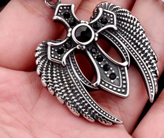 Angel wings cross pendant necklace with black stones and silver-tone chain