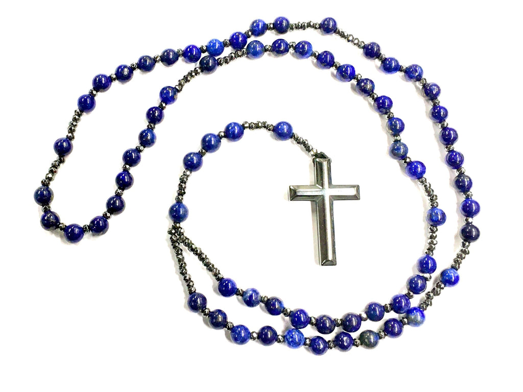 Lapis lazuli bead rosary necklace with silver-toned cross pendant