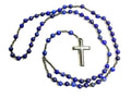 Lapis lazuli bead rosary necklace with silver-toned cross pendant