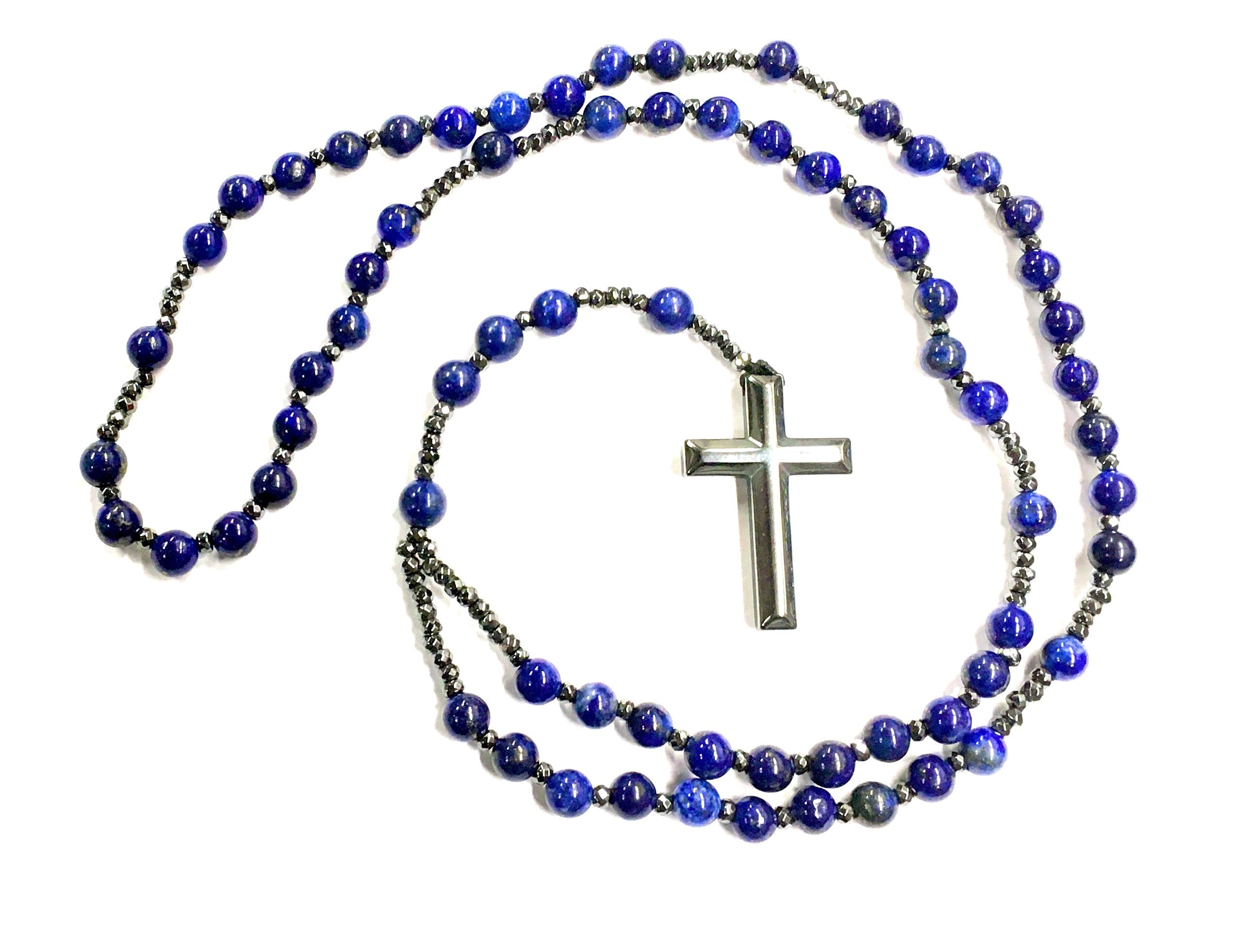 Lapis lazuli bead rosary necklace with silver-toned cross pendant
