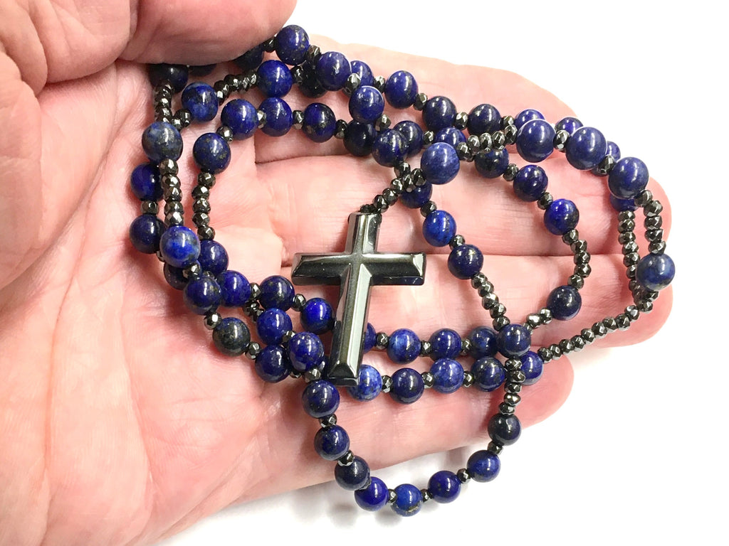 Lapis lazuli bead rosary with silver cross pendant and dark chain accents