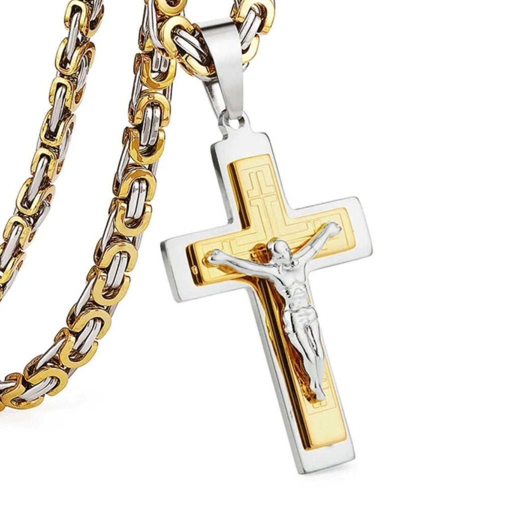 Two-tone crucifix pendant necklace with curb chain, gold and silver cross and Jesus figure