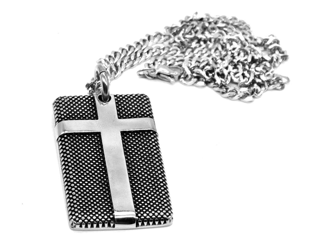 Stainless steel cross dog tag necklace with textured pendant and curb chain