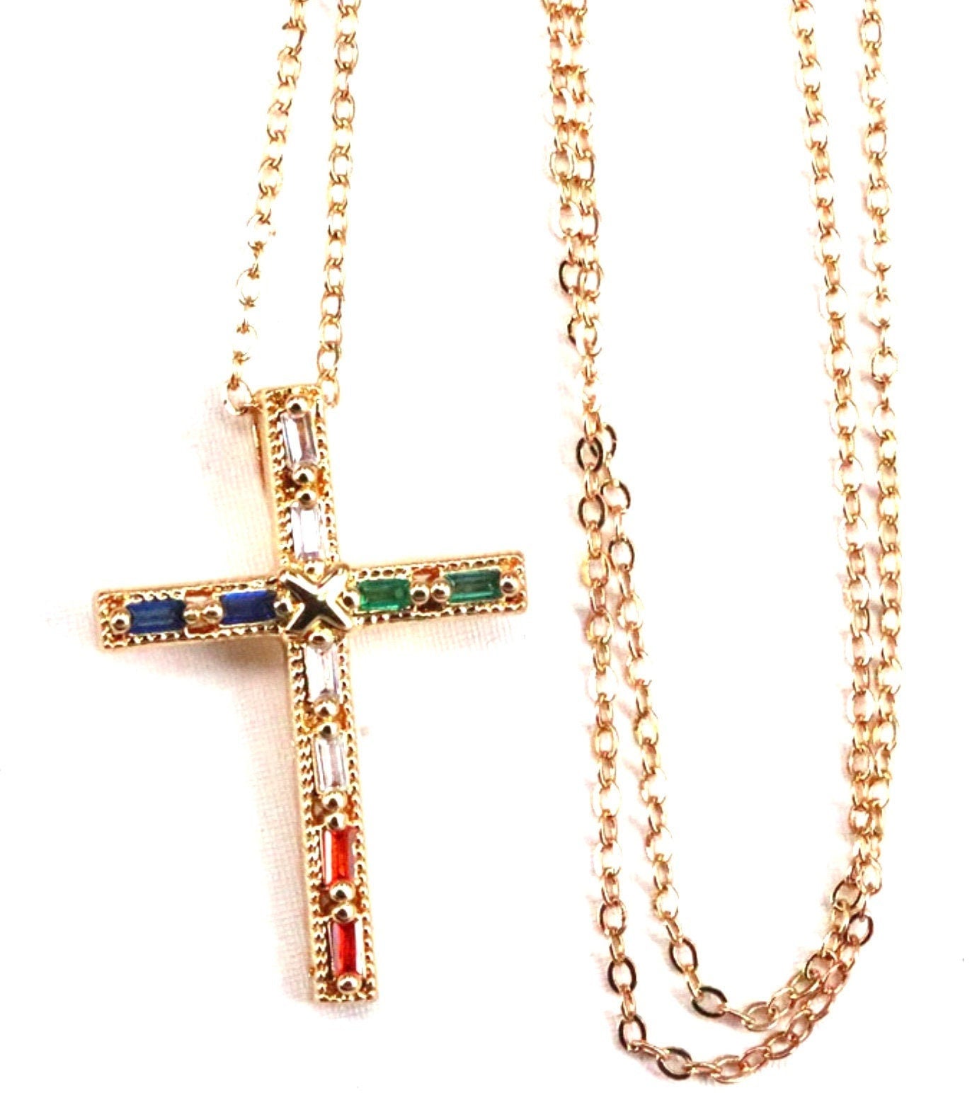 Gold cross pendant necklace with multicolor CZ bar inlays on link chain