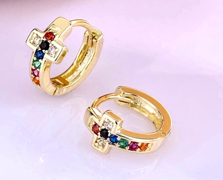 Gold hinged cuff cross earrings with multicolor CZ stones and dark center