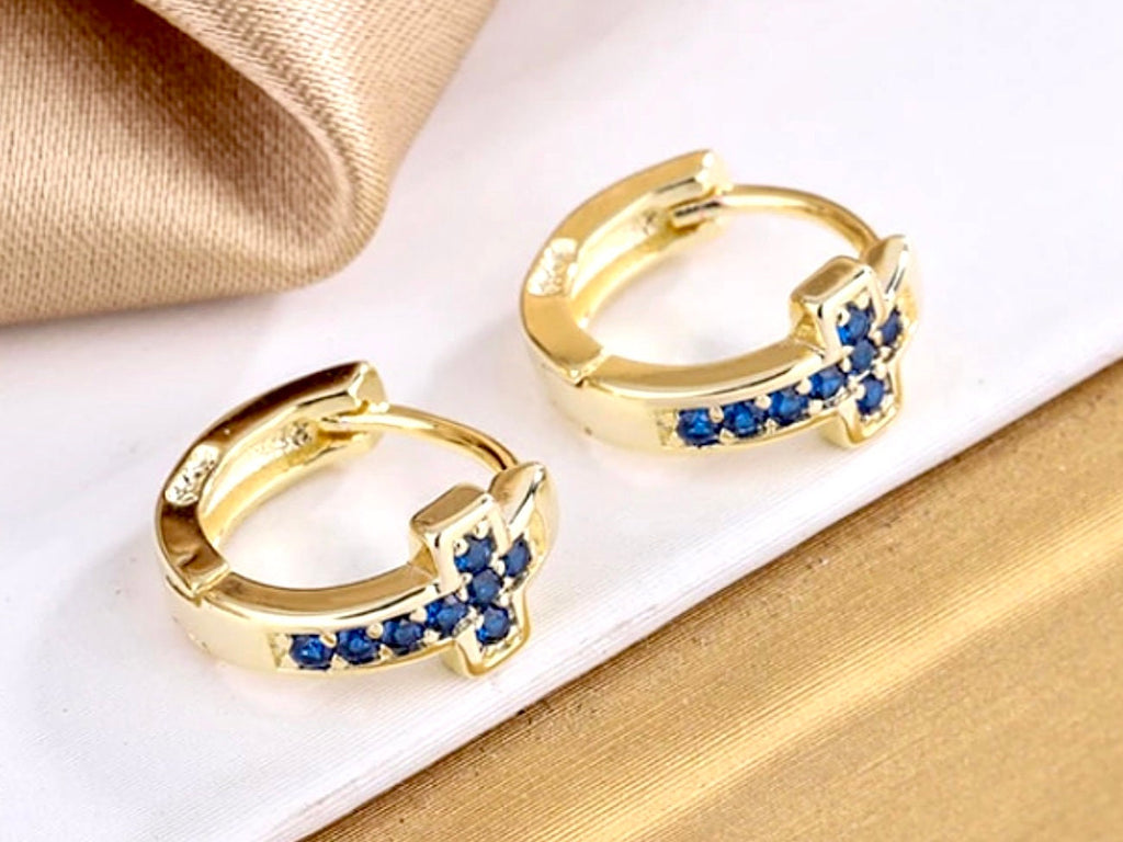 Gold cuff cross earrings with blue CZ cross motif, hinged small hoops