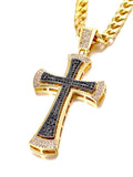 Gold-tone iced cross pendant necklace with thick curb chain, black and clear stones