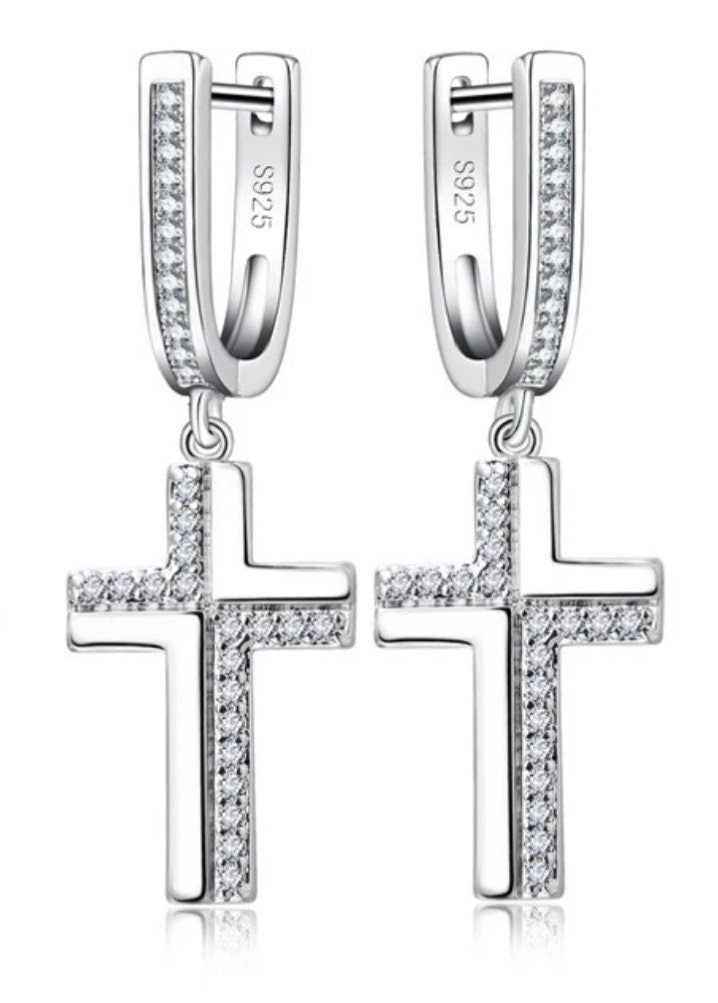 Hoop earrings with silver cross dangle and zircon pavé, S925 marking