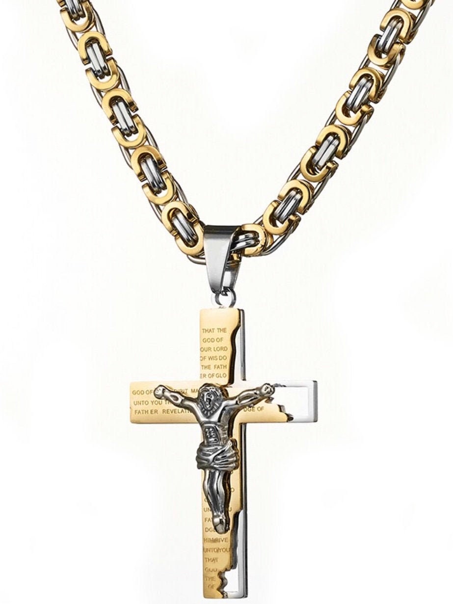 Gold-tone chain cross necklace with crucifix pendant and engraved prayer text