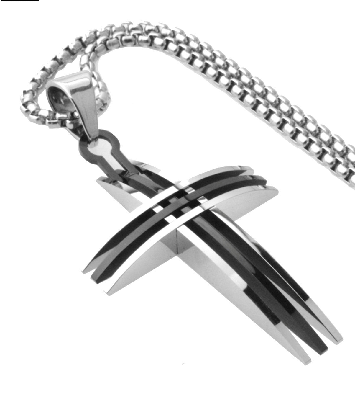 Silver triple cross necklace with black bar pendant and link chain