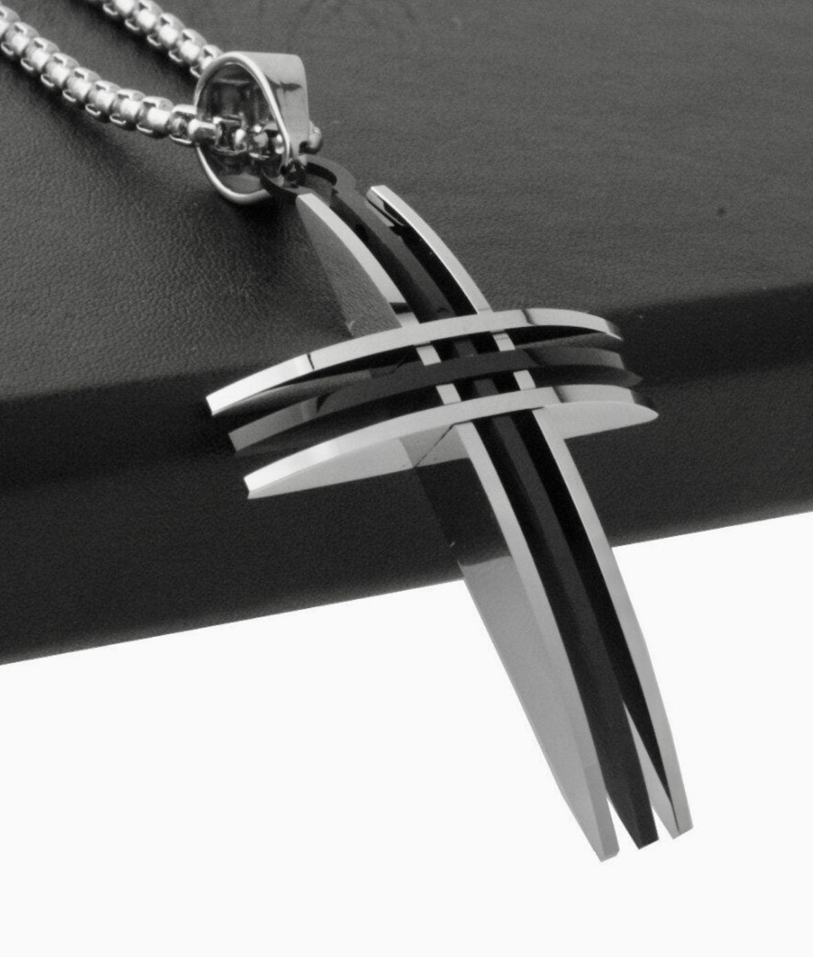 Black and silver triple cross necklace with long bar pendant and link chain