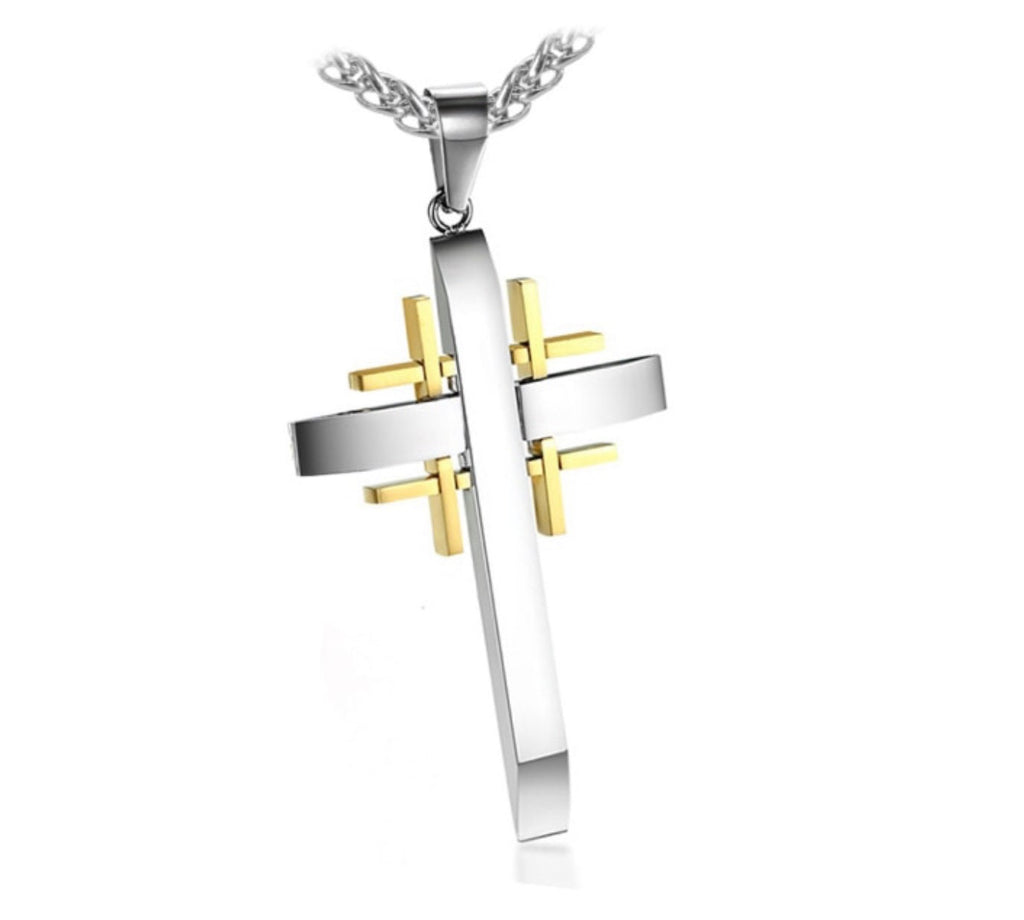 Silver cross pendant necklace with gold inlaid accents and linked chain