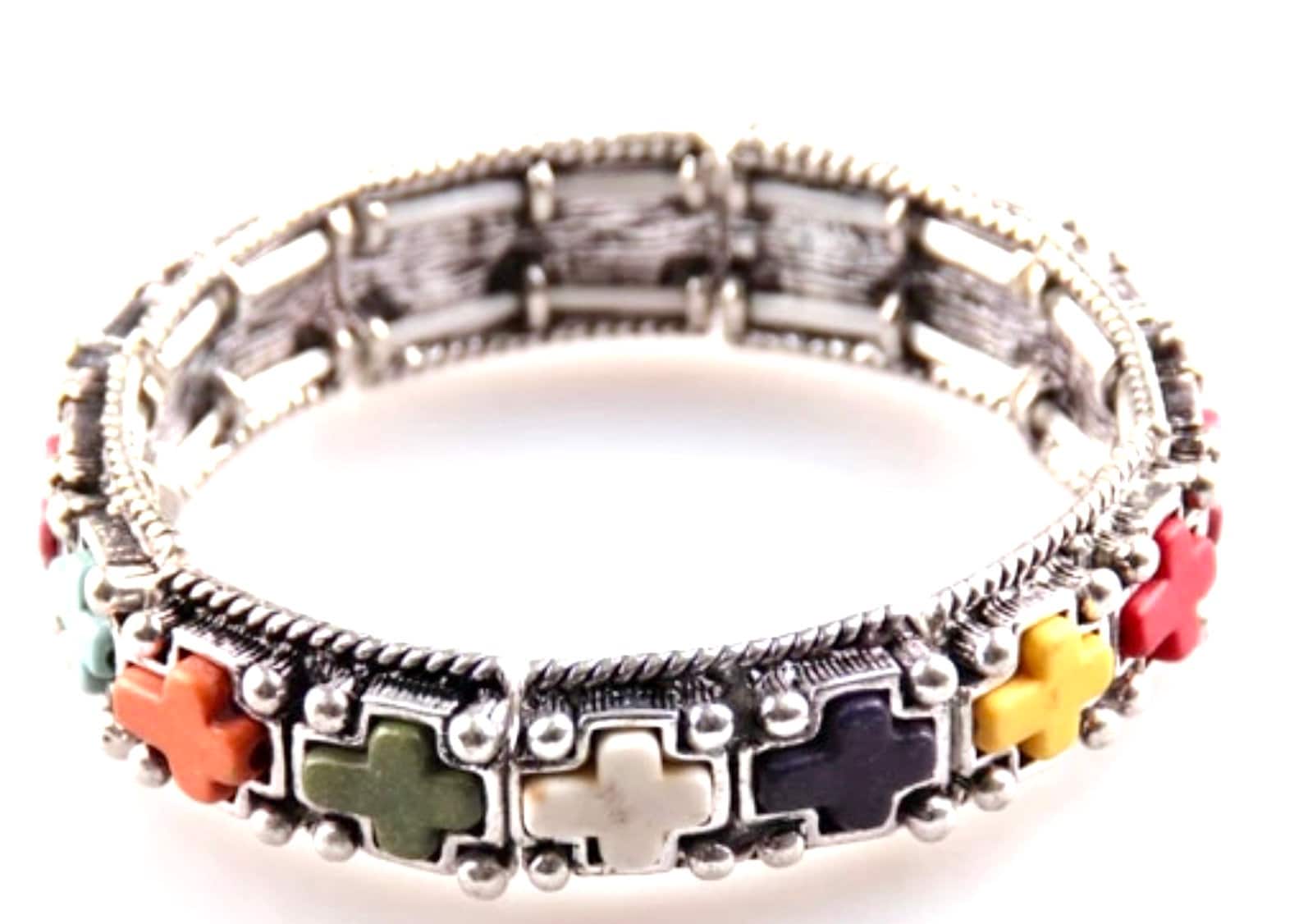 Silver cross stretch bracelet with multicolor stone inlays, cuff style bangle