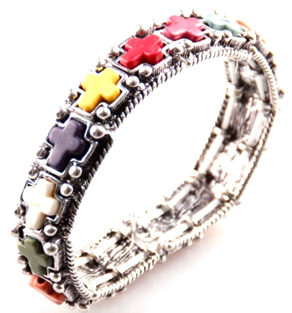 Silver cross stretch bracelet bangle with red, yellow, and green stone crosses