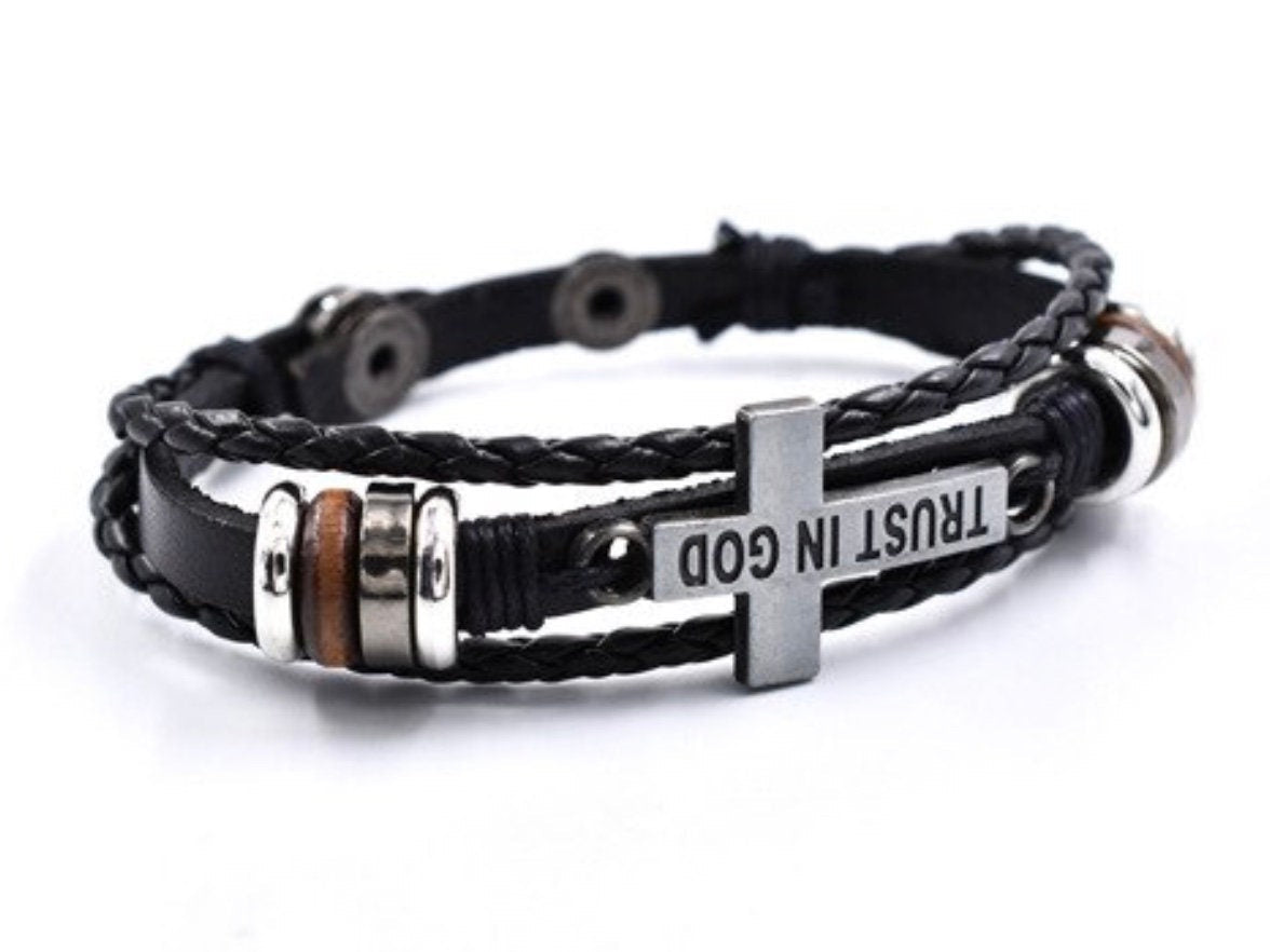 Black leather 3-wrap bracelet with metal cross charm and “TRUST IN GOD” engraving