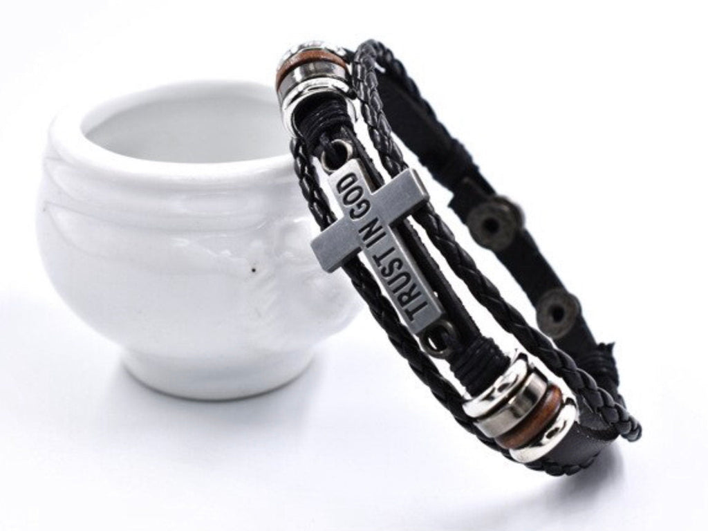 Black leather 3-wrap bracelet with metal cross and rings, engraved “TRUST IN GOD”