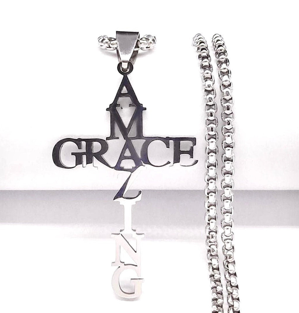 Silver cross pendant necklace with GRACE charms and matching chain earrings