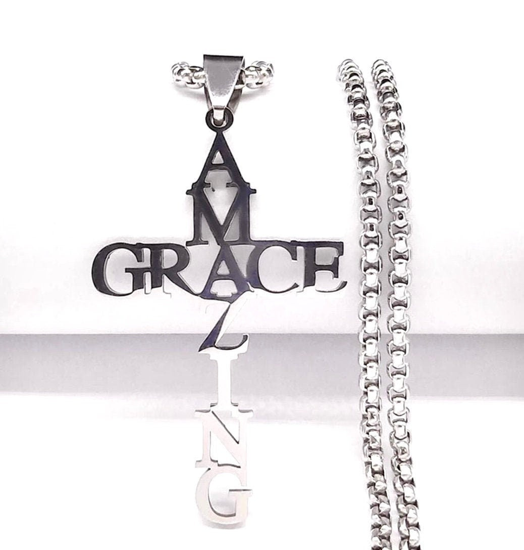 Silver cross pendant necklace with GRACE charms and matching chain earrings