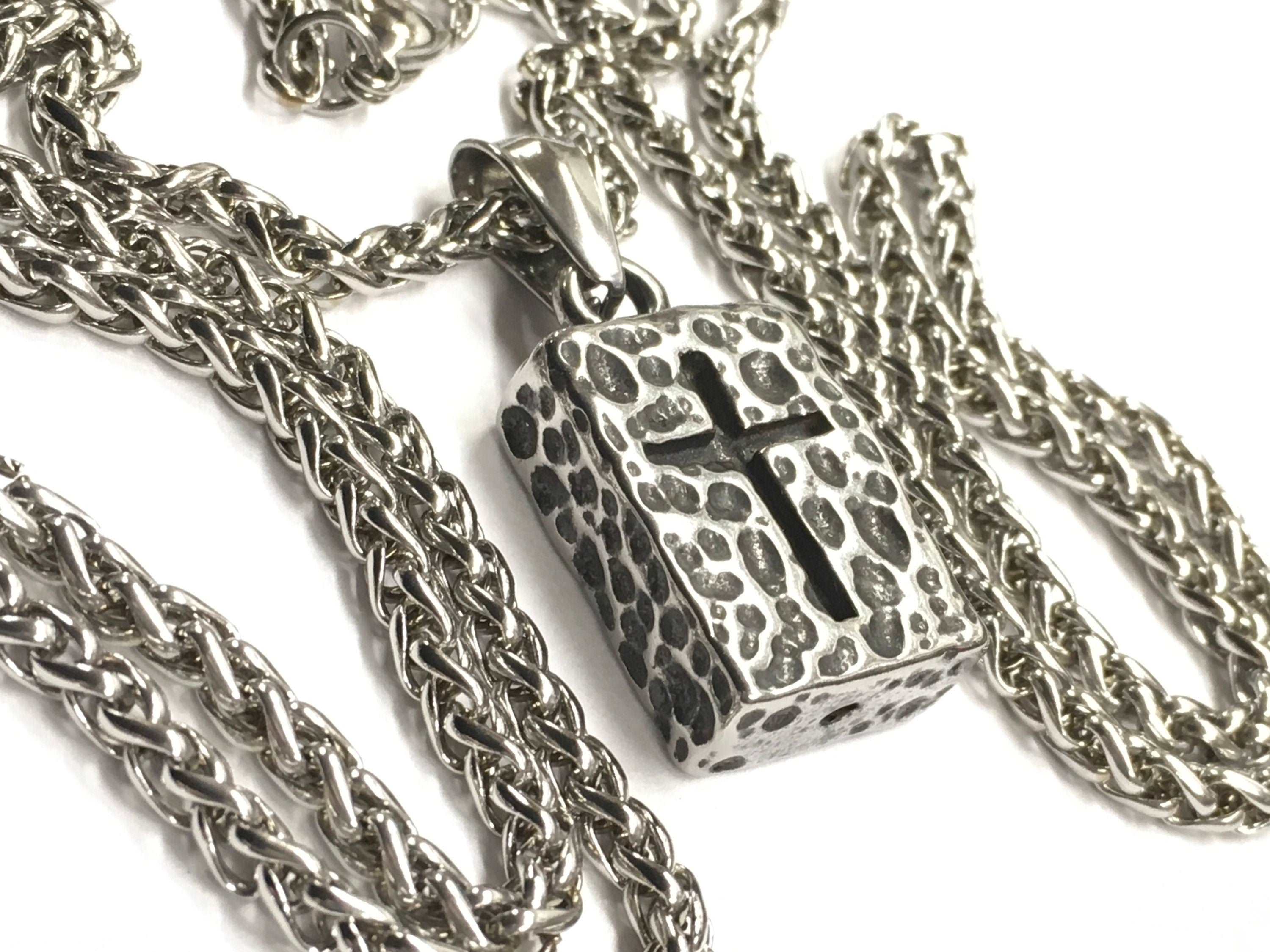 Stainless steel hammered rectangle cross pendant on layered link chains